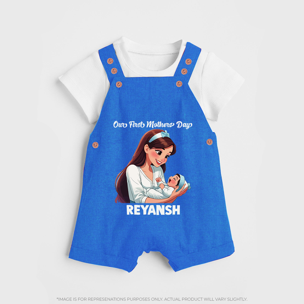 Our First Mother’s Day Baby BUTTON DUNGAREE Set – New Mom Special Outfit - COBALT BLUE - 0 - 5 Months Old (Chest 18")