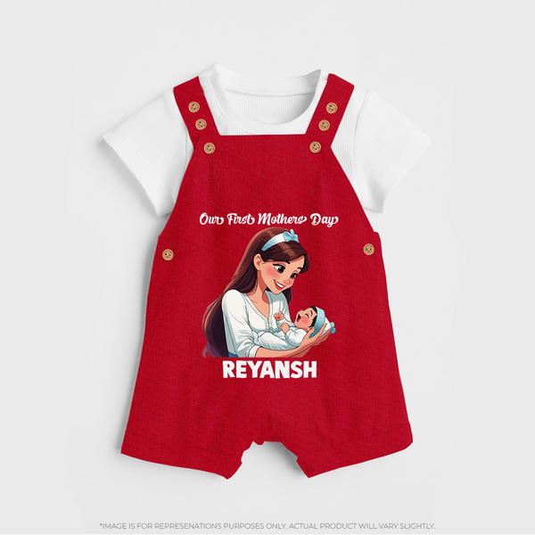 Our First Mother’s Day Baby BUTTON DUNGAREE Set – New Mom Special Outfit - RED - 0 - 5 Months Old (Chest 18")