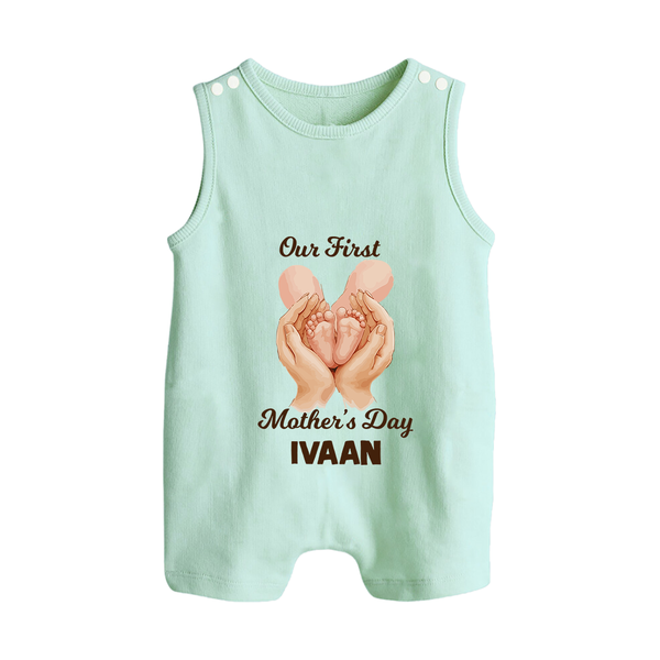 Our First Mother’s Day Baby BUTTON ROMPER Set – Baby Feet Theme Outfit - MINT GREEN - New Born (Chest 18")