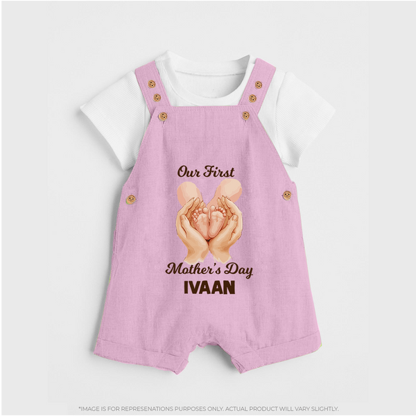 Our First Mother’s Day Baby BUTTON DUNGAREE Set – Baby Feet Theme Outfit - BABY PINK - 0 - 5 Months Old (Chest 18")