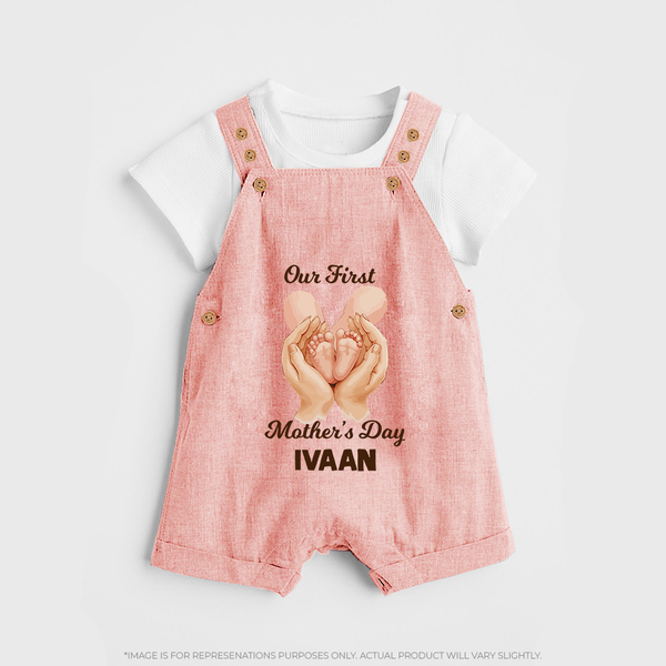 Our First Mother’s Day Baby BUTTON DUNGAREE Set – Baby Feet Theme Outfit - PEACH - 0 - 5 Months Old (Chest 18")