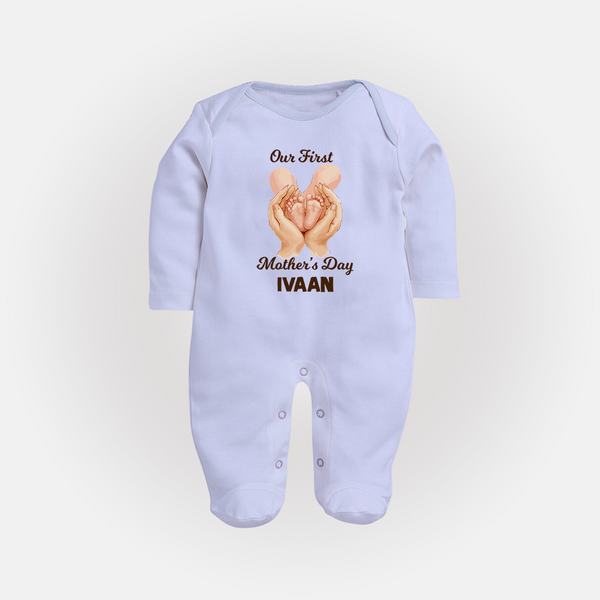 Our First Mother’s Day Baby Full body suit Set – Baby Feet Theme Outfit - BABY BLUE - New Born (Chest 7.5")