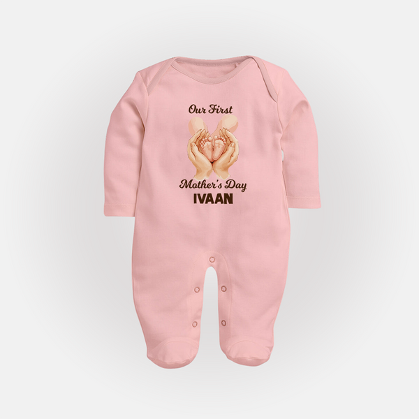 Our First Mother’s Day Baby Full body suit Set – Baby Feet Theme Outfit - BABY PINK - New Born (Chest 7.5")
