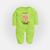 Our First Mother’s Day Baby Full body suit Set – Baby Feet Theme Outfit - LIME GREEN - New Born (Chest 7.5")