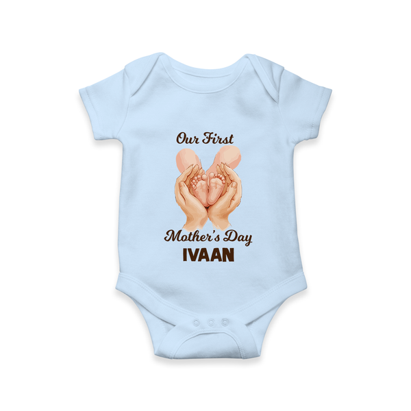 Our First Mother’s Day Baby ROMPER  – Baby Feet Theme Outfit - BABY BLUE - New Born (Chest 14")