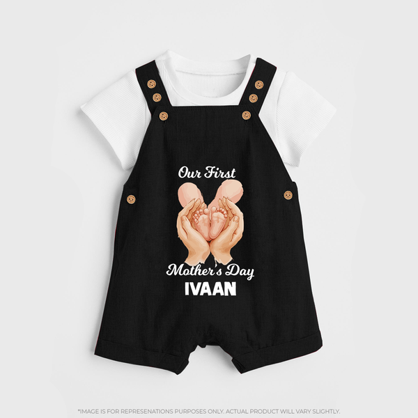Our First Mother’s Day Baby BUTTON DUNGAREE Set – Baby Feet Theme Outfit - BLACK - 0 - 5 Months Old (Chest 18")