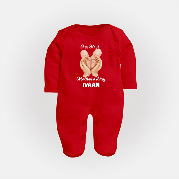 Our First Mother’s Day Baby Full body suit Set – Baby Feet Theme Outfit - RED - New Born (Chest 7.5")