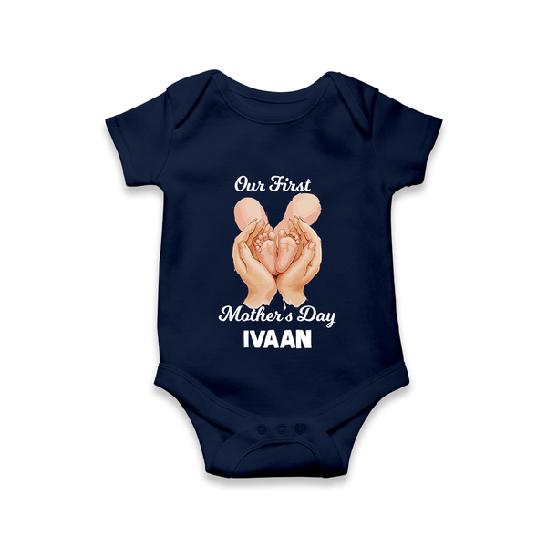 Our First Mother’s Day Baby ROMPER  – Baby Feet Theme Outfit - NAVY BLUE - New Born (Chest 14")