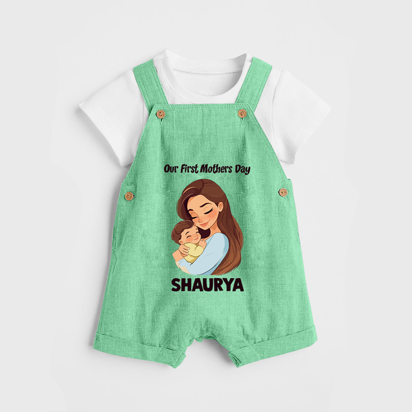 Our First Mother’s Day Baby BUTTON DUNGAREE Set – Mom & Baby Bond Outfit - GREEN - 0 - 5 Months Old (Chest 18")