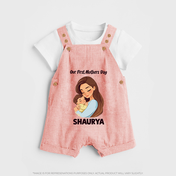 Our First Mother’s Day Baby BUTTON DUNGAREE Set – Mom & Baby Bond Outfit - PEACH - 0 - 5 Months Old (Chest 18")