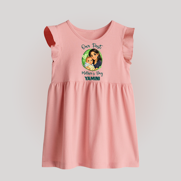 Our First Mother’s Day Personalized Baby BABY FROCK – Custom Name Outfit (Illustrated Design) - BABY PINK - 0 - 3 Months Old (Chest 17")