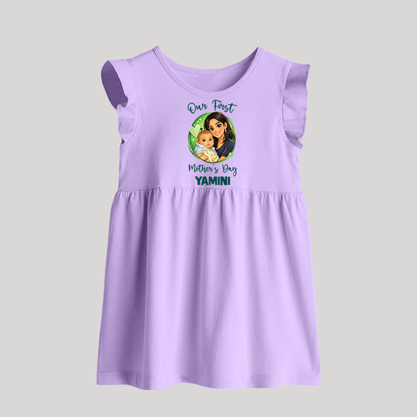 Our First Mother’s Day Personalized Baby BABY FROCK – Custom Name Outfit (Illustrated Design) - LILAC - 0 - 3 Months Old (Chest 17")