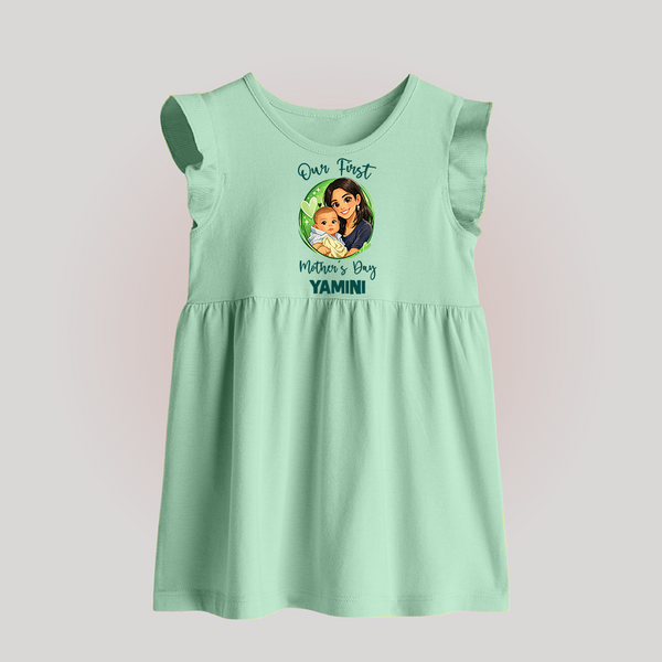 Our First Mother’s Day Personalized Baby BABY FROCK – Custom Name Outfit (Illustrated Design) - MINT GREEN - 0 - 3 Months Old (Chest 17")