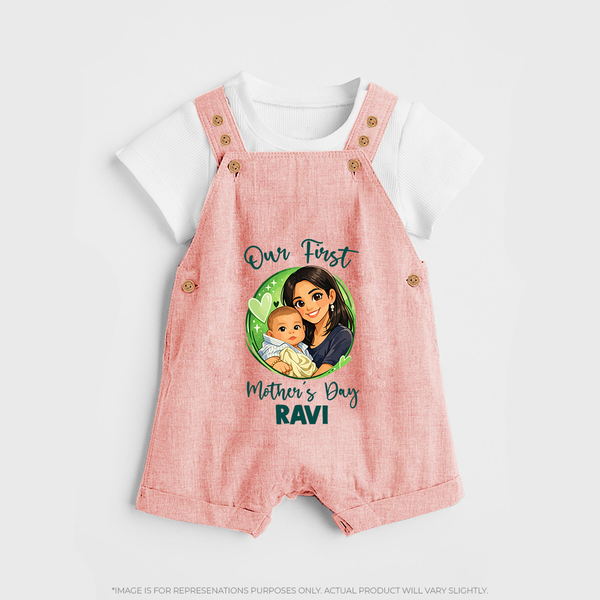 Our First Mother’s Day Personalized Baby DUNGAREESet – Custom Name Outfit (Illustrated Design) - PEACH - 0 - 5 Months Old (Chest 18")