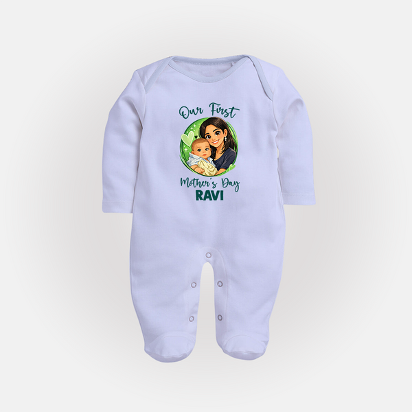 Our First Mother’s Day Personalized Baby FULL BODY SUIT – Custom Name Outfit (Illustrated Design) - BABY BLUE - New Born (Chest 7.5")