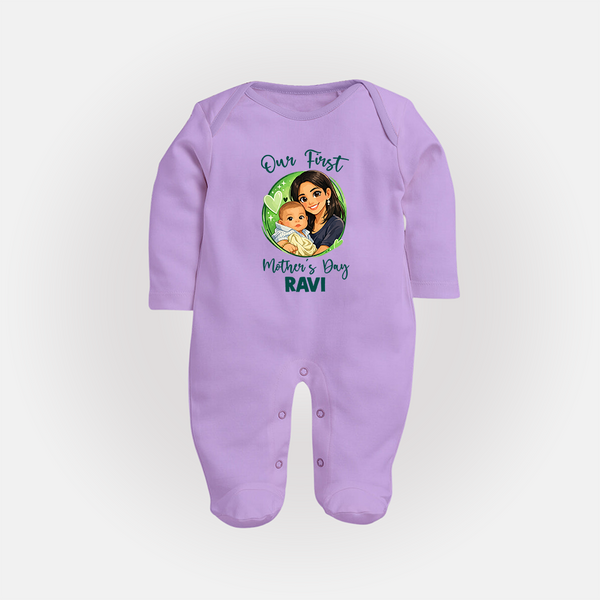 Our First Mother’s Day Personalized Baby FULL BODY SUIT – Custom Name Outfit (Illustrated Design) - LILAC - New Born (Chest 7.5")