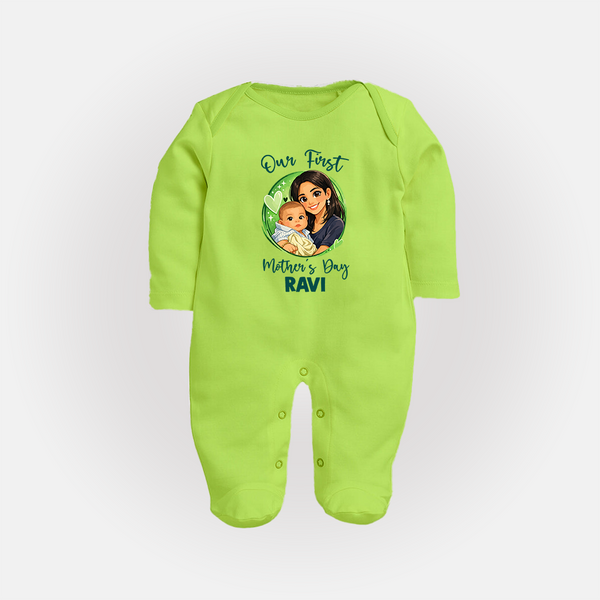 Our First Mother’s Day Personalized Baby FULL BODY SUIT – Custom Name Outfit (Illustrated Design) - LIME GREEN - New Born (Chest 7.5")