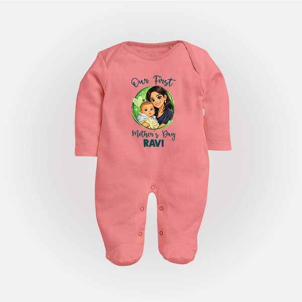 Our First Mother’s Day Personalized Baby FULL BODY SUIT – Custom Name Outfit (Illustrated Design) - PEACH - New Born (Chest 7.5")