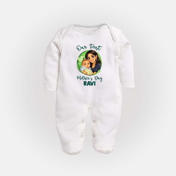 Our First Mother’s Day Personalized Baby FULL BODY SUIT – Custom Name Outfit (Illustrated Design) - WHITE - New Born (Chest 7.5")