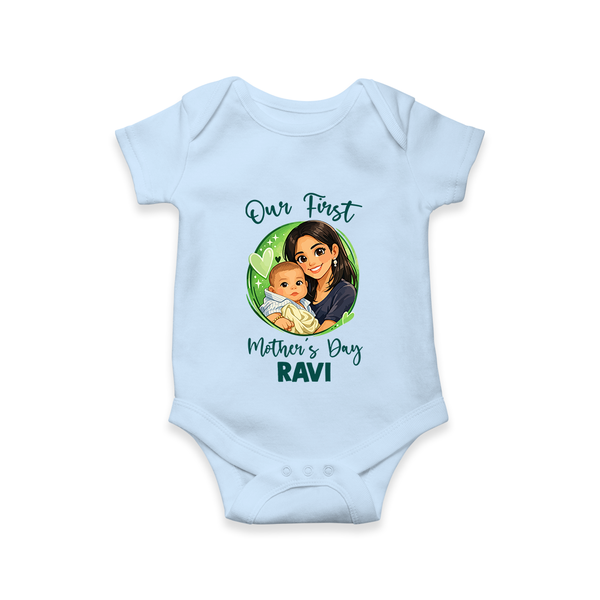Our First Mother’s Day Personalized Baby ROMPER Set – Custom Name Outfit (Illustrated Design) - BABY BLUE - New Born (Chest 14")