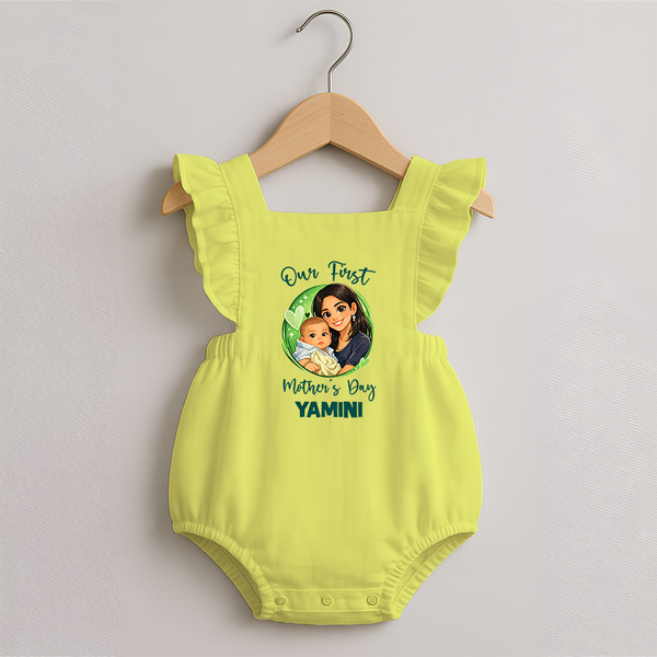 Our First Mother’s Day Personalized Baby ROMPER FROCK – Custom Name Outfit (Illustrated Design) - PASTEL YELLOW - 0 - 3 Months Old (Chest 19")