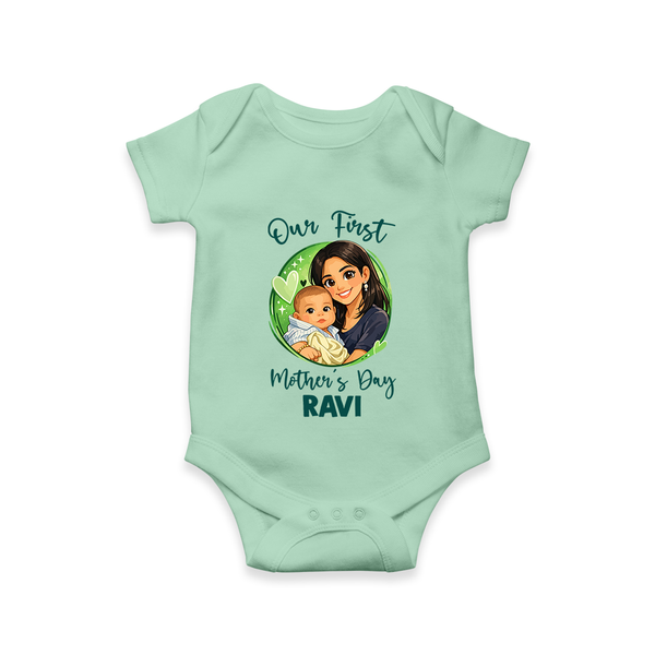 Our First Mother’s Day Personalized Baby ROMPER Set – Custom Name Outfit (Illustrated Design) - MINT GREEN - New Born (Chest 14")