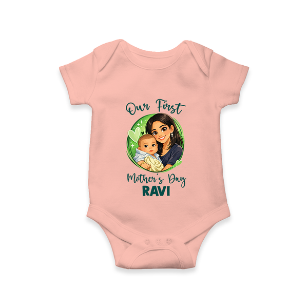 Our First Mother’s Day Personalized Baby ROMPER Set – Custom Name Outfit (Illustrated Design) - PEACH - New Born (Chest 14")