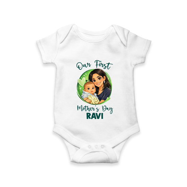 Our First Mother’s Day Personalized Baby ROMPER Set – Custom Name Outfit (Illustrated Design) - WHITE - New Born (Chest 14")