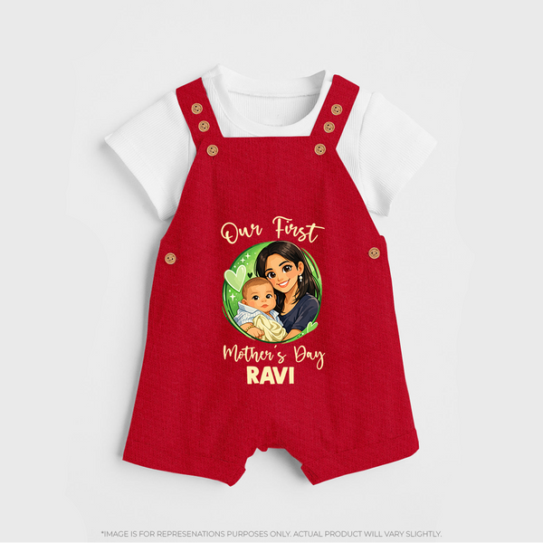 Our First Mother’s Day Personalized Baby DUNGAREESet – Custom Name Outfit (Illustrated Design) - RED - 0 - 5 Months Old (Chest 18")