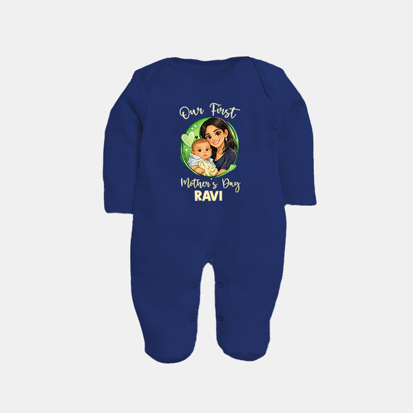 Our First Mother’s Day Personalized Baby FULL BODY SUIT – Custom Name Outfit (Illustrated Design) - NAVY BLUE - New Born (Chest 7.5")