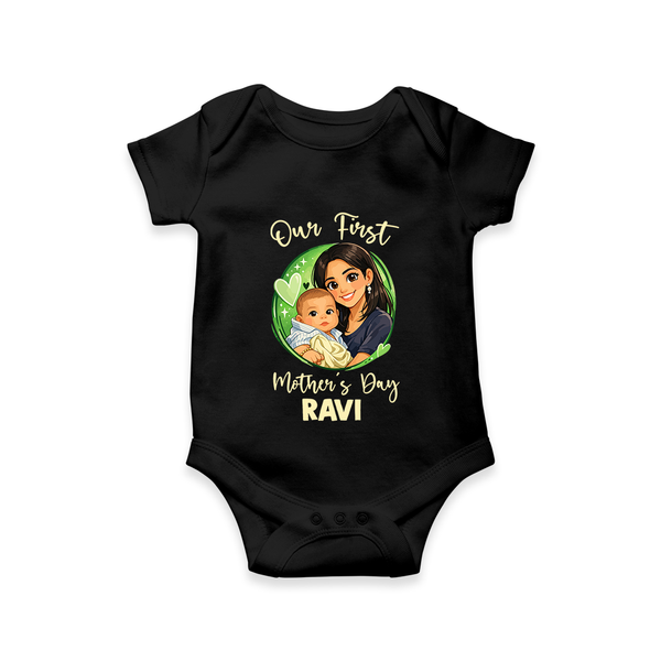 Our First Mother’s Day Personalized Baby ROMPER Set – Custom Name Outfit (Illustrated Design) - BLACK - New Born (Chest 14")
