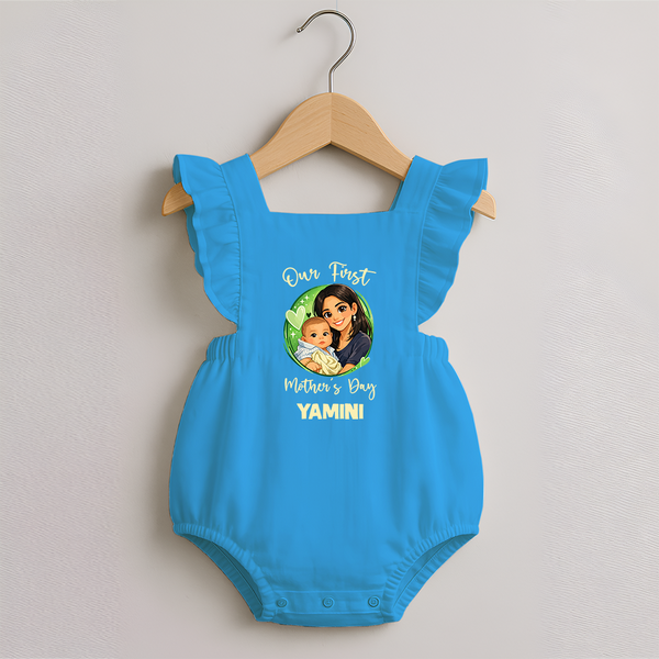 Our First Mother’s Day Personalized Baby ROMPER FROCK – Custom Name Outfit (Illustrated Design) - SKY BLUE - 0 - 3 Months Old (Chest 19")