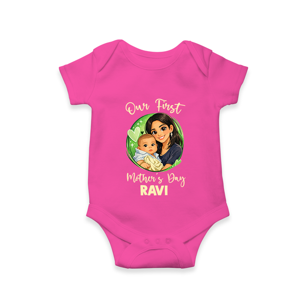 Our First Mother’s Day Personalized Baby ROMPER Set – Custom Name Outfit (Illustrated Design) - HOT PINK - New Born (Chest 14")