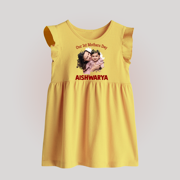 Our 1st Mother’s Day Personalized Baby BABY FROCK – Custom Photo & Name Outfit - PASTEL YELLOW - 0 - 3 Months Old (Chest 17")