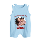 Our 1st Mother’s Day Personalized Baby BUTTON ROMPERSet – Custom Photo & Name Outfit - BABY BLUE - New Born (Chest 18")