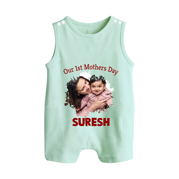 Our 1st Mother’s Day Personalized Baby BUTTON ROMPERSet – Custom Photo & Name Outfit - MINT GREEN - New Born (Chest 18")