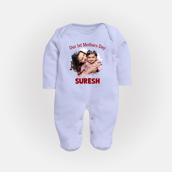 Our 1st Mother’s Day Personalized Baby FULL BODY SUIT – Custom Photo & Name Outfit - BABY BLUE - New Born (Chest 7.5")