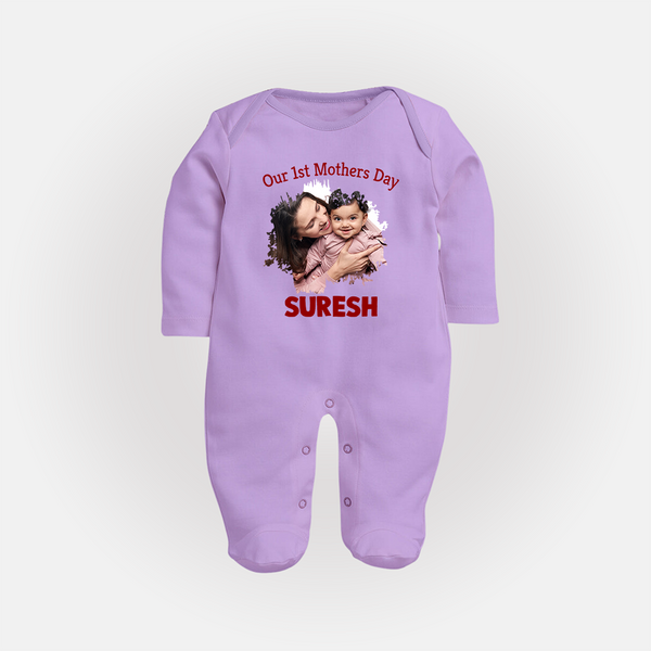 Our 1st Mother’s Day Personalized Baby FULL BODY SUIT – Custom Photo & Name Outfit - LILAC - New Born (Chest 7.5")