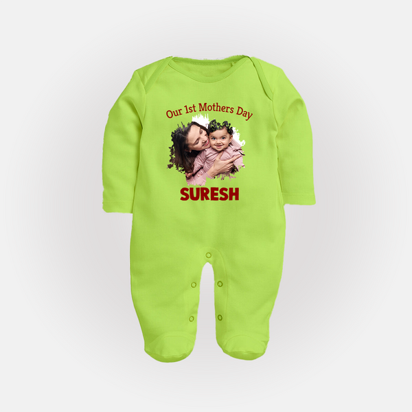Our 1st Mother’s Day Personalized Baby FULL BODY SUIT – Custom Photo & Name Outfit - LIME GREEN - New Born (Chest 7.5")