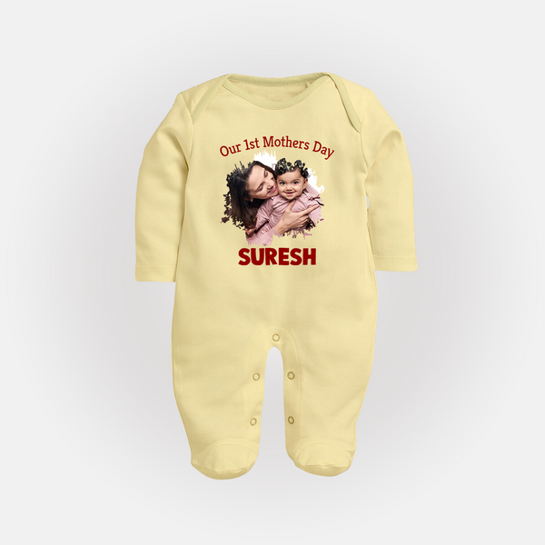 Our 1st Mother’s Day Personalized Baby FULL BODY SUIT – Custom Photo & Name Outfit - PASTEL YELLOW - New Born (Chest 7.5")