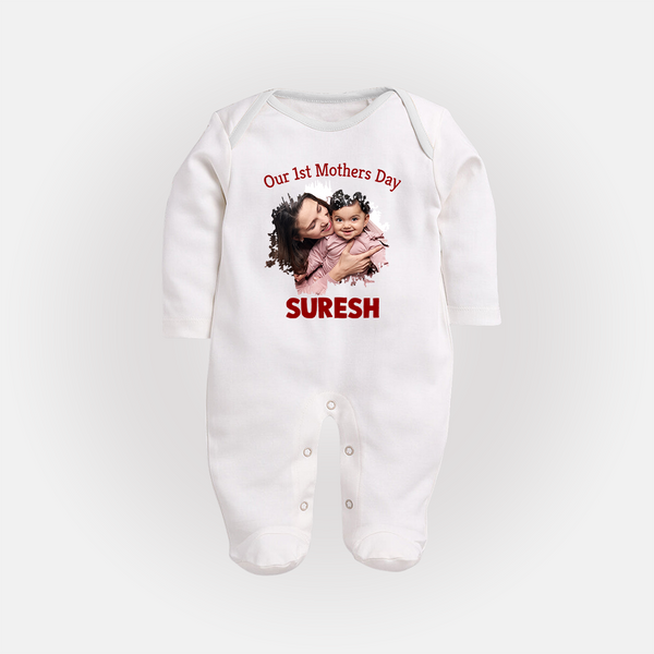 Our 1st Mother’s Day Personalized Baby FULL BODY SUIT – Custom Photo & Name Outfit - WHITE - New Born (Chest 7.5")