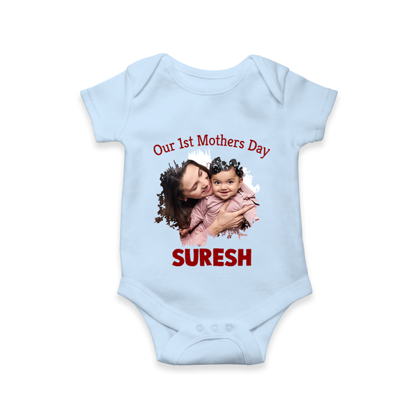 Our 1st Mother’s Day Personalized Baby ROMPER Set – Custom Photo & Name Outfit - BABY BLUE - New Born (Chest 14")