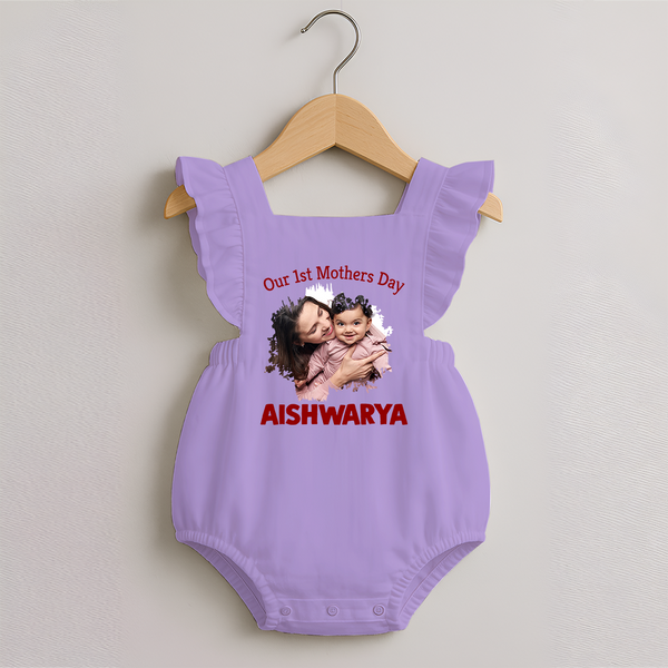 Our 1st Mother’s Day Personalized Baby ROMPER FROCK – Custom Photo & Name Outfit - LILAC - 0 - 3 Months Old (Chest 19")
