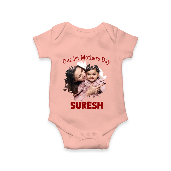 Our 1st Mother’s Day Personalized Baby ROMPER Set – Custom Photo & Name Outfit - PEACH - New Born (Chest 14")