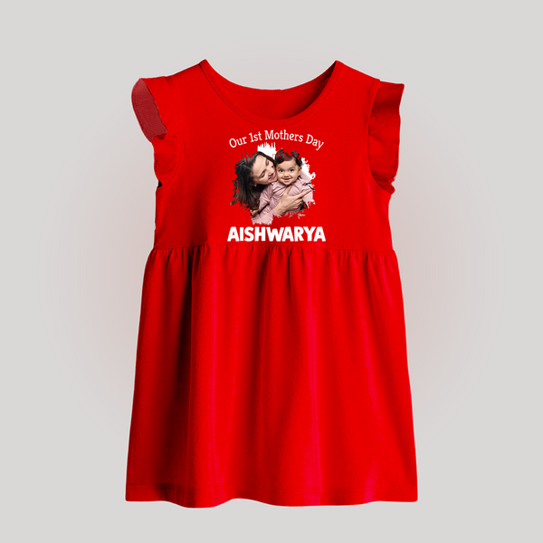 Our 1st Mother’s Day Personalized Baby BABY FROCK – Custom Photo & Name Outfit - RED - 0 - 3 Months Old (Chest 17")