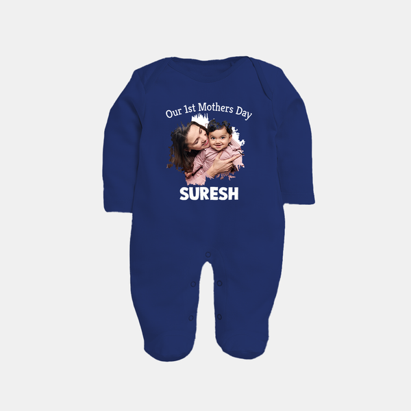 Our 1st Mother’s Day Personalized Baby FULL BODY SUIT – Custom Photo & Name Outfit - NAVY BLUE - New Born (Chest 7.5")