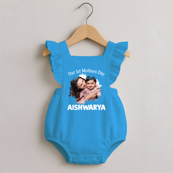 Our 1st Mother’s Day Personalized Baby ROMPER FROCK – Custom Photo & Name Outfit - SKY BLUE - 0 - 3 Months Old (Chest 19")