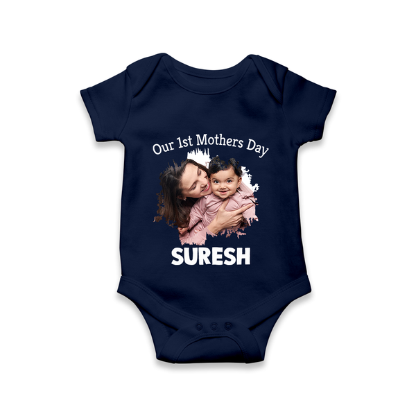Our 1st Mother’s Day Personalized Baby ROMPER Set – Custom Photo & Name Outfit - NAVY BLUE - New Born (Chest 14")