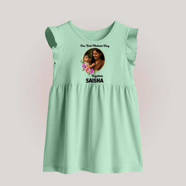 Our First Mother’s Day Together Personalized Baby BABY FROCK – Custom Photo & Name Outfit - MINT GREEN - 0 - 3 Months Old (Chest 17")