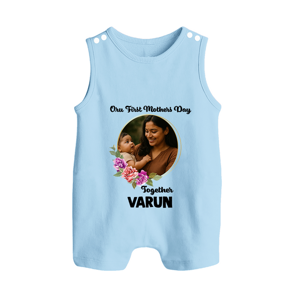 Our First Mother’s Day Together Personalized Baby BUTTON ROMPERSet – Custom Photo & Name Outfit - BABY BLUE - New Born (Chest 18")
